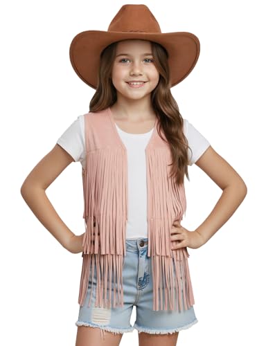 Image of Noomelfish Girls Faux Suede Fringe Vest Sleeveless Boho Tassels Jacket Cardigan (5-12 Years)