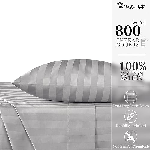 URBANHUT 800 Thread Count Egyptian Cotton Twin Size Damask Striped Sheets Set (4 Pc) - Ultra Soft & Smooth, Thick & Crisp Sateen Weave Twin Bedsheets, Fits Upto 16" Mattress - Silver Grey