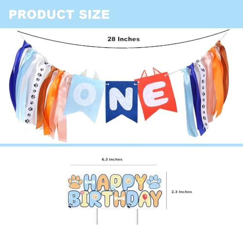Image of Light Blue Navy Orange High Chair Banner and Cake Topper Cute Puppy Highchair Garland One Happy Birthday Highchair Photo Prop