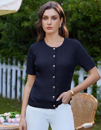 GRACE KARIN Women's Short Sleeve Button Up Summer Cardigan Sweater Y2K Cardigan Jacket (Runs Big, Suggest Size Down)2