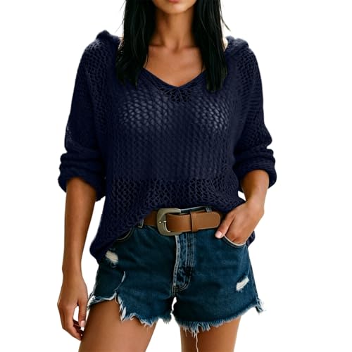 Suéter de Verano de Manga Larga con Capucha para Mujer, Salida de Playa, Casual, de Ganchillo, Hueco, suéter de Punto