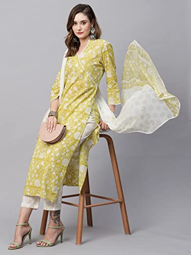 Image of GoSriKi Women's Cotton Blend Straight Printed Kurta with Pant & Dupatta (Avni Green-GS)