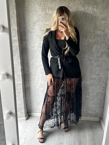 Women Sexy High Waist Solid A-line Cover Ups Beach Sheer Mesh Lace Maxi Skirt Without Lining4