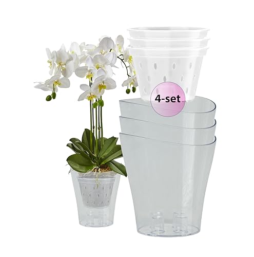 Juego de 4 macetas transparentes para orquídeas Garten lux de 2 L, diámetro 16 cm con juego de 4 macetas para orquídeas con agujeros de drenaje de plástico transparente de 1 L, diámetro 14 cm para uso