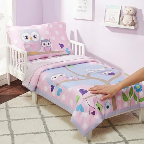 Image of EVERYDAY KIDS 4 Piece Toddler Bedding Set - Owls - Soft 100% Cotton Percale - Includes Comforter, Flat Sheet, Fitted Sheet and Reversible Pillowcase