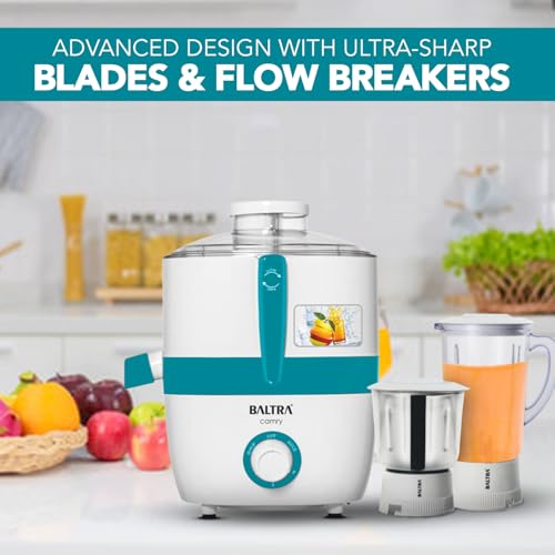 Image of BALTRA Camry 500 Watt Juicer Mixer Grinder for Fruits | Includes 2 Multipurpose Jars (Large & Small) | 3 Speed Control | Durable Stainless Steel Blades | Large Pulp Container | 2-Year Warranty