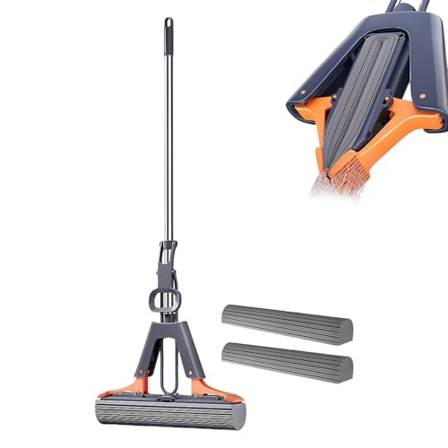 DAWCBVJQ Schwamms Mop, 110x38cm Schwamms Wischmop Set Mit 2 PVA Schwammkopf, Schwammes Wischmopp Mit Auswringfunktion, Schwammes Mopp Mit Auswringer, Reinigungsmopp, Bodenwischer Mit Edelstahl Griff