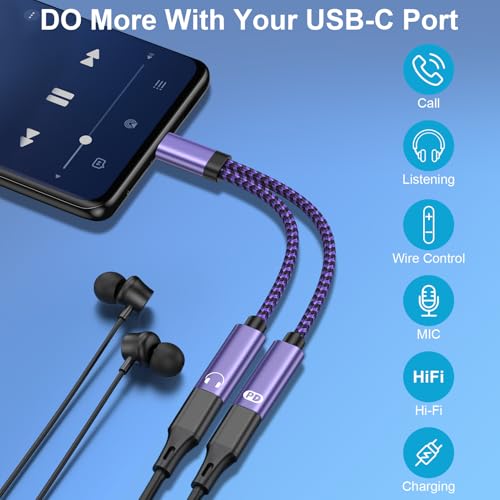 Image of 2 in 1 Samsung USB Type C to USBC Headphone and PD 60W Charger Adapter for Galaxy S26 /S26 Ultra /S26+ S25 Ultra S24,USB C Splitter 1 in 2 Out HiFi Audio Adapter for iPhone 17e 17 Pro Max 17 Air 16E 16