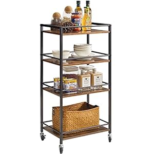 IBUYKE Industrial Bar Carts, Kitchen Storage Serving Cart, Mobile Kitchen Shelf，4 Tier Storage Cart for Bath, Kitchen, Bedroom, Living Room Rustic Brown and Black TMJ419H