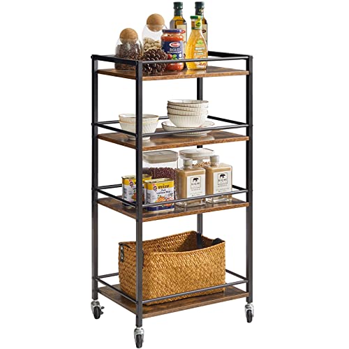 IBUYKE Industrial Bar Carts, Kitchen Storage Serving Cart, Mobile Kitchen Shelf,4 Tier Storage Cart for Bath, Kitchen, Bedroom, Living Room Rustic Brown and Black TMJ419H