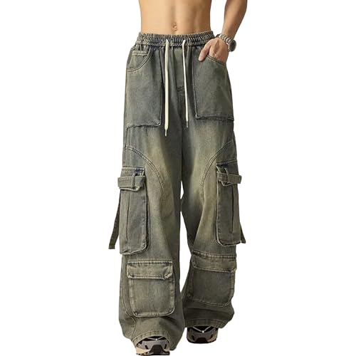 Men's Vintage Washed Cargo Jeans Multiple Pockets Straight