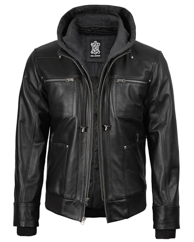 Image of fjackets Disc Hooded Leather Jackets for Men With Removable Hood - Mens Black Bomber Jacket | [1105184] Jeffery Blk, L