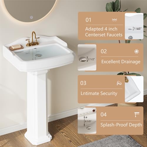 Thaookte Waschbecken Keramik Hahnloch Weiß Standwaschbecken Waschtisch Säule, Aufsatzwaschbecken, Bathroom Sink, Waschtisch, Ablaufgarnitur, Aufsatzbecken, Keramik Weiß 580x480x860 Mm