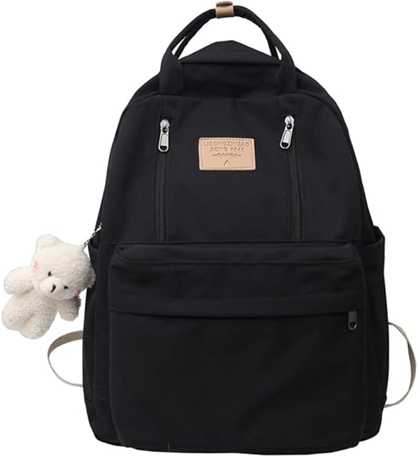 Preppy School Backpack, Kawaii School Bags Aesthetic Rucksack with Kawaii Pin, Cute Casual Daypack For Teenage Girls Women (Black)