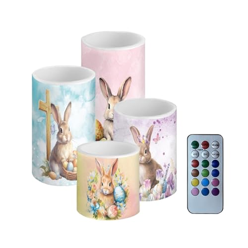 Image of Flameless Light Candles Home Ornaments Battery Operated Candles with Color Changing Timer Remote Control Fake Pillar Candles Tealights Easter Home Decoration, Easter Bunny Colorful