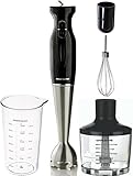 Ovente Immersion Electric Hand Blender 300 Watt Power 2 Mix Speed with Stainless Steel Blades, Handheld Stick Mixer Set with Egg Whisk Attachment Mixing Beaker and BPA-Free Food Chopper, Black HS585B