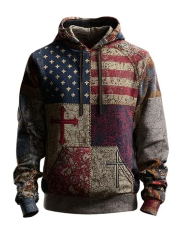 Vintage Casual American Flag Cross Faith Hoodie Christian Patriotic Men's Shirt