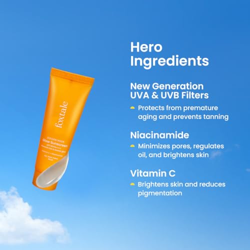 Image of Foxtale Glow Sunscreen SPF 50 PA++++ with Vitamin C & Niacinamide, In-Vivo Tested, Sensitive-Skin Friendly, Made with 100% New-Gen Filters, Lightweight, Non-Greasy, No White Cast |For Men & Women | All Skin Types | 10 Ml