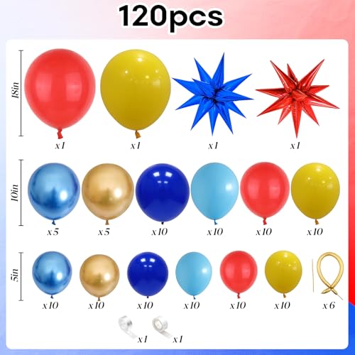 Image of Red Blue Yellow Balloon Arch Kit, 120 Pcs Carnival Circus Balloon Garland Kit, Red Metallic Blue Gold Balloon with Explosion Star Foil Balloons for Kids Birthday Carnival Theme Party Decorations