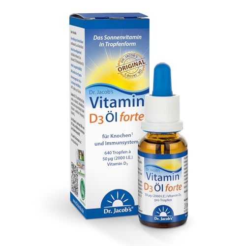 Dr. Jacob's Vitamin D3 Öl forte 20 ml I 2000 I.E. 50 µg D3 pro Tropfen I optimal bioverfügbar I 640 Tropfen, 1.280.000 I.E