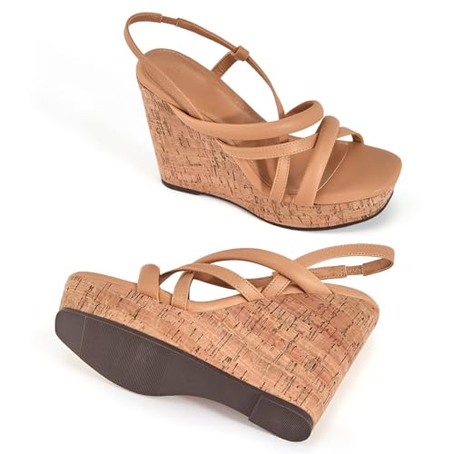 Image of Coutgo Women Platform Wedge Sandals Cork Slingback Wedges Espadrilles Heels Summer Shoes