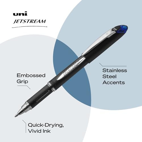 Image of uniball Jetstream Ballpoint Pens, Medium Point (1.0mm), Blue, 3 Pack | Hybrid ink: gel smoothness with ballpoint quick-dry speed, smudge-resistant for left-handed writers, uni Super Ink protection