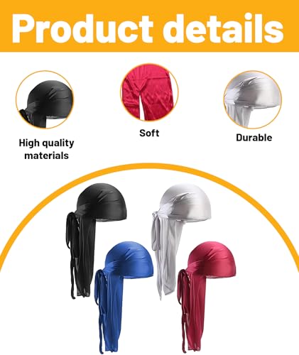 Image of 4 Pcs Durag Set for Men and Women - Silky Satin Head Scarf for 360 Waves, Hair Protection, and Hiphop Style in Blue, Black, Wine Red, Silver