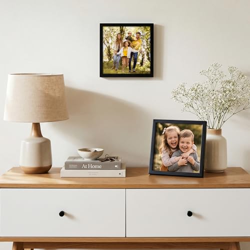 Image of Americanflat 8x8 Picture Frame with Shatter-Resistant Glass - Streamline Collection - Thin Border Square Frame for Tabletop and Wall Display - Hanging Hardware and Easel Stand Included - Black