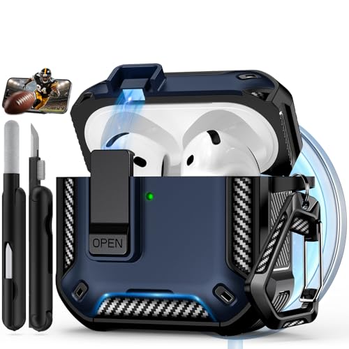 Image of for AirPods 4 Case with Lock & Phone Stand(Blue) | Automatic Snap Switch Lock,Carbon Fiber Texture Design Cover with Cleaner Kit,Compatible with MagSafe