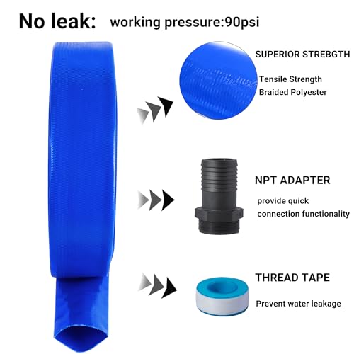 Image of 1-1 /2 inch (Flat 2.6'' width) x 100 FT Pool Backwash Hose Kit with Male NPT | Adapter, Blue Reinforced Pool Drain Discharge Hose for Swimming Pool Filter Pump,with 2 Clamp and Thread Seal Tape