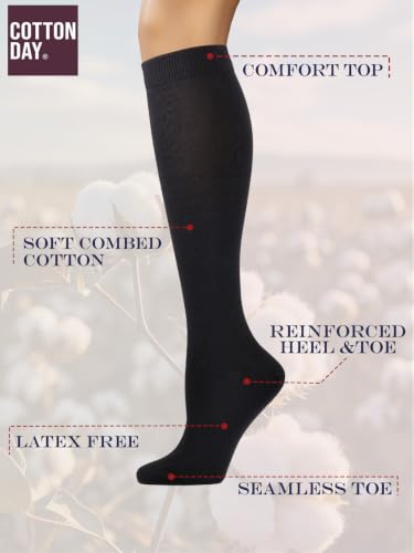 Image of COTTON DAY Women's Soft Combed Cotton Knee High Long Calf Dress Socks Seamless Toe Black White Gray Navy Blue Brown 3 Pack