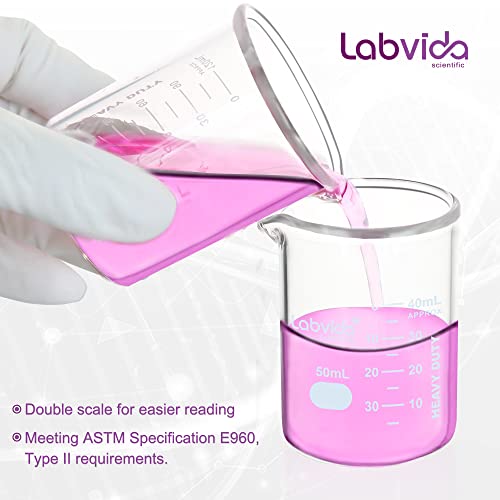 Labvida Heavy Duty Glass Beakers Set 5 Pcs Of Vol.50Ml Thick-Walled, 3.3 Boro Griffin Low Form With Double Scale Printed Graduation For Laboratories, Industries, Schools And Home Use, Lvac017 #TOP4
