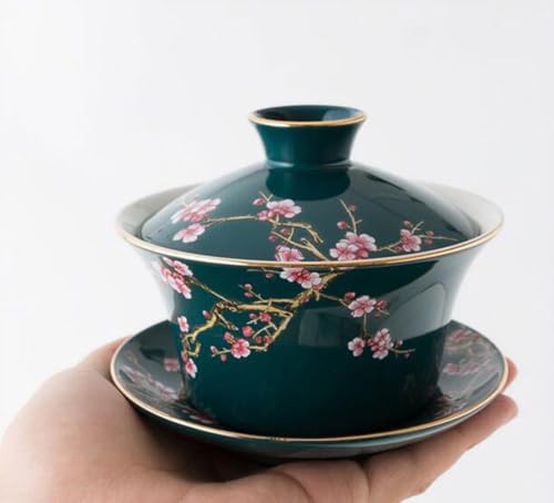 Image of 10oz Large Gaiwan, Ceramic Teacup -Embossed Plum Patterns (Green)