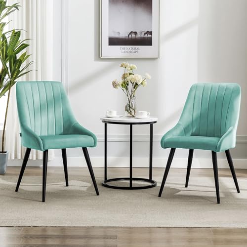 Image of Finch Fox Morris Velvet Dining Chair for Living Room, Bedroom, Home Office with Black Metal Legs in Pista Color