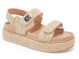 Coutgo Womens Raffia Platform Sandals Comfortable Flat Sandals Double Strap Footbed Summer Beach Sandals, Natural, Size 7