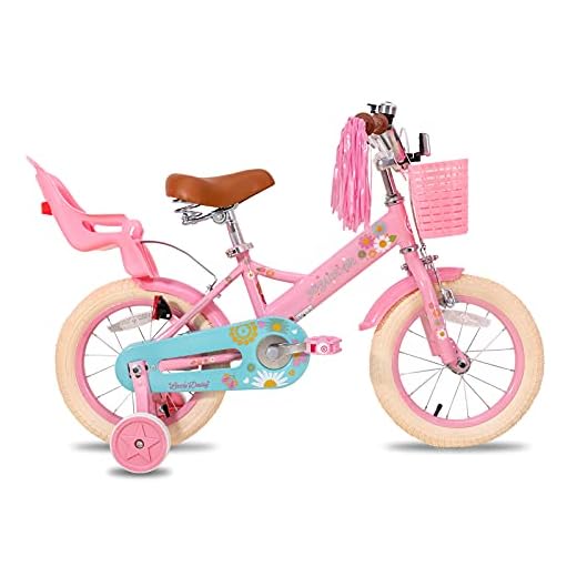 JOYSTAR Bicicleta Infantil de 14 Pulgadas para niñas de 3 a 5 años con estabilizadores, Bicicleta para niñas con Cesta y serpentinas y Asiento para muñecas, Rosa