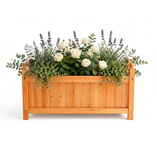 Image of GARDEN TIME Large Wooden Rectangular Planter Box – Outdoor Raised Garden Bed Planter Trough with Slatted Cover & Ball Top Finials – Fir Wood Plant Pot for Flowers, Herbs, Vegetables & Patio (1)