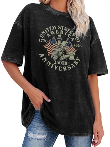 4th of July Shirts Women Patriotic 250th Anniversary USA T-Shirts American Flag Vintage Graphic Tees Retro Washed Tops