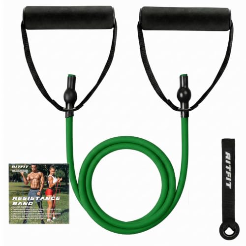 RitFit Single Resistance Exercise Band with Comfortable Handles - Ideal for Physical Therapy Strength Training Muscle Toning - Foam Padding Door Anchor and Starter Guide Included (Green(5-10lbs))