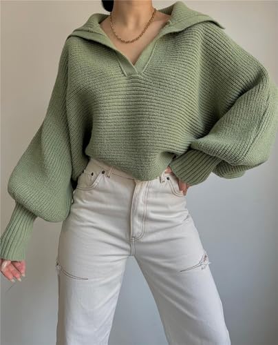 Womens Lapel Collar Pullover Sweaters Lantern Sleeve Striped Chunky Knit Sweatshirt V Neck 2023 Casual Loose Outwear4