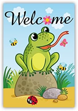 Meltelof Welcome Spring Summer Frog Garden Flag Froggy Ladybugs Bee House Flag Spring Yard Outdoor Decor Home Decor 12 x 18 Inch Double Sided