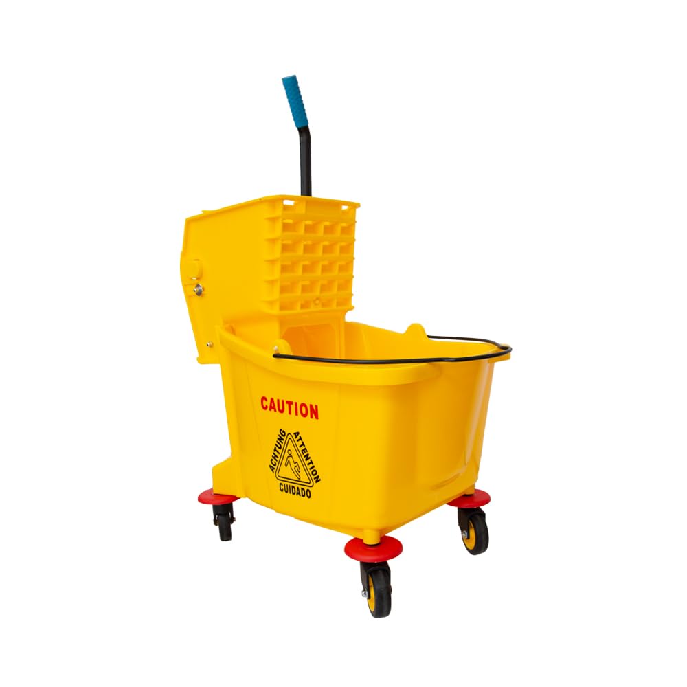 Berry Cubo de fregona comercial compacto con letrero de piso húmedo, cubo de fregona Kentucky con ruedas, 32 L, carrito de limpieza amarillo con escurridor extraíble y ruedas giratorias para
