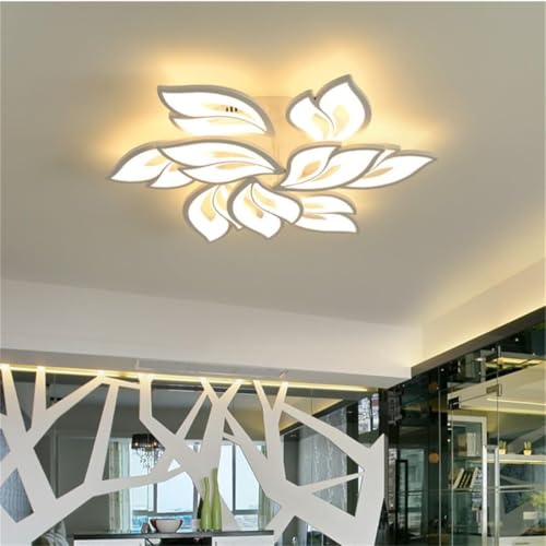Image of LED Ceiling Light Dimmable, Living Room Lamp with Remote Control, Brightness Color Changing Flower Design White Acrylic Shade for Dining Table Bedroom Chandelier