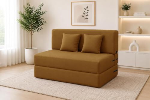 Image of Los Angeles Foldable Two Seater Sofa Cum Bed, Sofa Bed 4X6 Feet, Jute Fabric Washable Cover Including Two Cushion Perfect for Living Room, Bedroom & Office - Golden Color