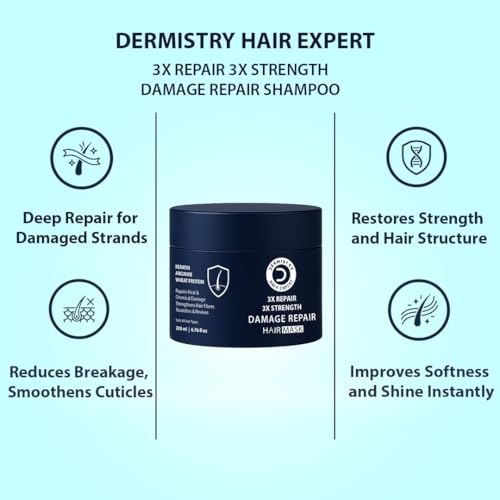 Image of Dermistry Keratin Damage Repair Hair Mask with Protein & Arginine for Dry Frizzy & Damaged Hair, Repairs Heat & Chemical Treated Hair Reduces Split Ends Adds Strength & Shine, Men & Women, 200ml