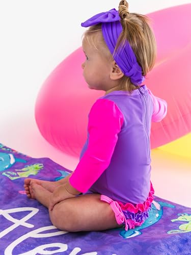 Image of RuffleButts Baby Girls UPF 50+ Sun Protection Floral Printed Long Sleeve One Piece Rash Guard Swimsuit with Zipper