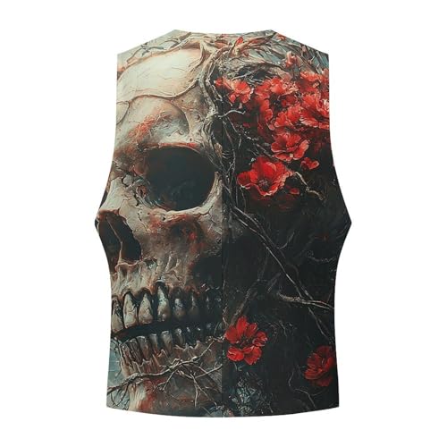 Formal Suit Vest Slim Fit Waistcoat Business Tuxedo, Red Skull Rose Flower Dark4