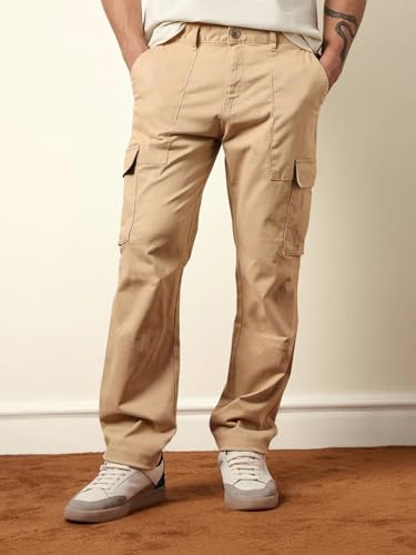 Image of Vogaan Men Solid Relaxed Fit Cotton Blend Cargo Trousers with Utility Pocket
