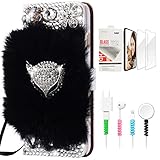 STENES Bling Wallet Phone Case Compatible with Samsung Galaxy A50s - Stylish - 3D Handmade Luxury Fox Flowers Design Leather Cover with Screen Protector & Cable Protector - Black