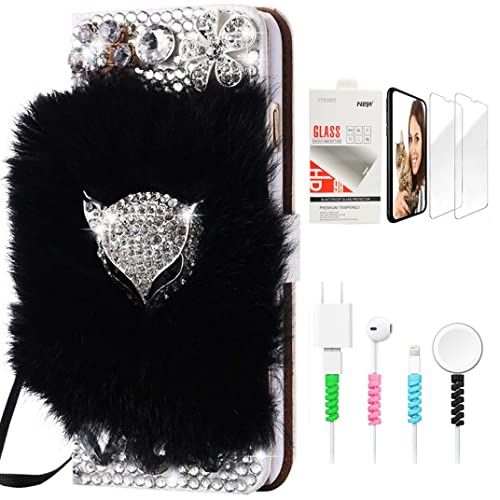 STENES Bling Wallet Phone Case Compatible with Samsung Galaxy A50s - Stylish - 3D Handmade Luxury Fox Flowers Design Leather Cover with Screen Protector & Cable Protector - Black